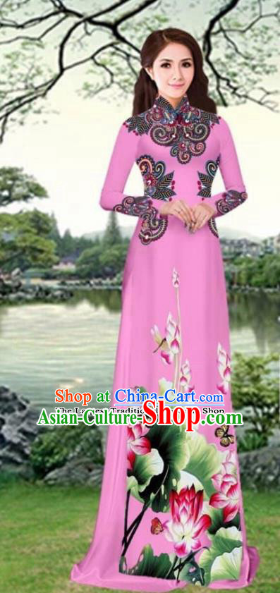 Asian Traditional Vietnam Female Costume Vietnamese Printing Lotus Pink Cheongsam Ao Dai Qipao Dress for Women