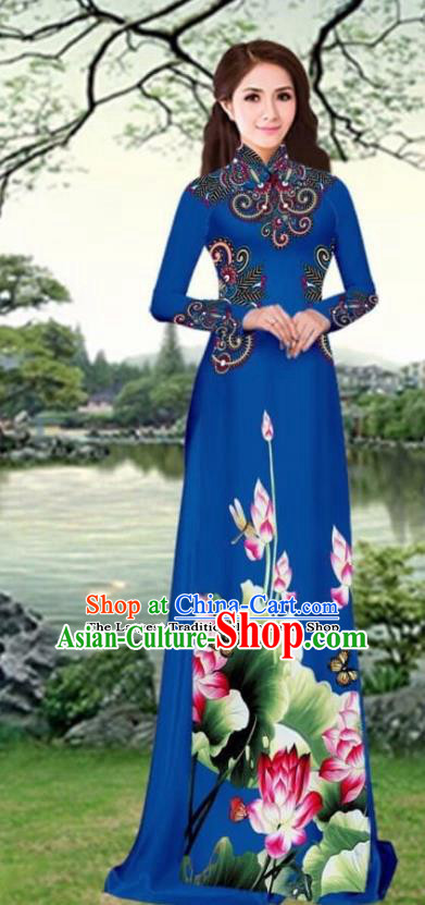 Asian Traditional Vietnam Female Costume Vietnamese Printing Lotus Navy Cheongsam Ao Dai Qipao Dress for Women
