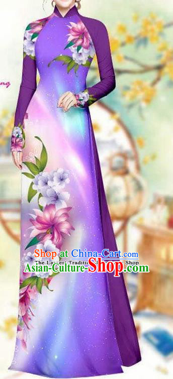Asian Traditional Vietnam Female Costume Vietnamese Bride Purple Cheongsam Ao Dai Qipao Dress for Women