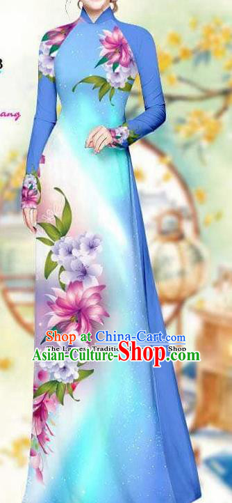 Asian Traditional Vietnam Female Costume Vietnamese Bride Blue Cheongsam Ao Dai Qipao Dress for Women