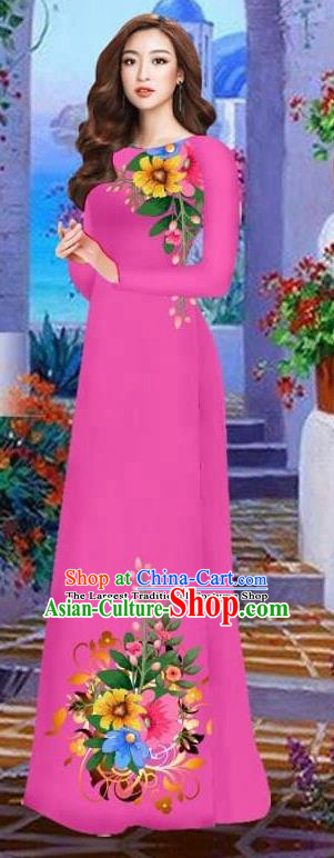 Asian Vietnam Traditional Female Costume Vietnamese Rosy Cheongsam Printing Ao Dai Qipao Dress for Women