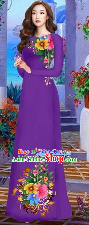 Asian Vietnam Traditional Female Costume Vietnamese Purple Cheongsam Printing Ao Dai Qipao Dress for Women