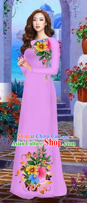 Asian Vietnam Traditional Female Costume Vietnamese Lilac Cheongsam Printing Ao Dai Qipao Dress for Women
