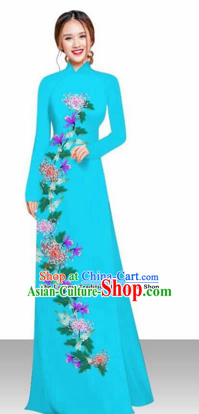 Asian Vietnam Traditional Female Costume Vietnamese Printing Chrysanthemum Blue Ao Dai Qipao Dress for Women