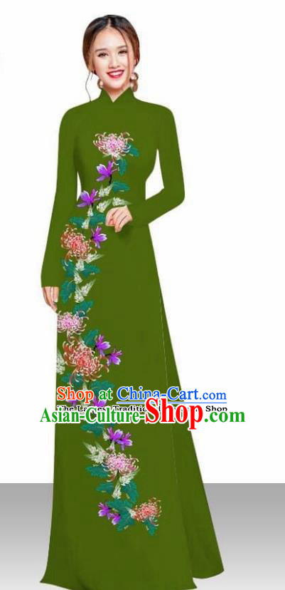 Asian Vietnam Traditional Female Costume Vietnamese Printing Chrysanthemum Olive Green Ao Dai Qipao Dress for Women