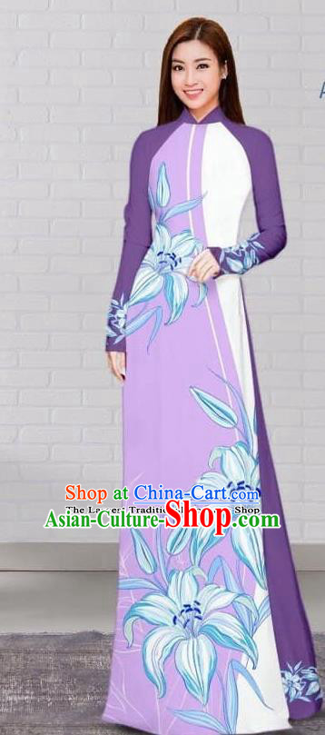 Asian Traditional Vietnam Costume Vietnamese Bride Purple Cheongsam Ao Dai Qipao Dress for Women