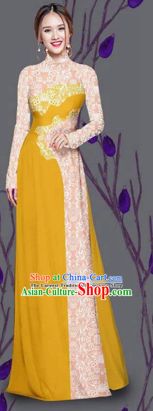 Asian Traditional Vietnam Costume Ao Dai Qipao Dress Vietnamese Bride Lemon Yellow Cheongsam for Women