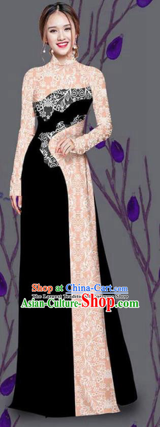 Asian Traditional Vietnam Costume Ao Dai Qipao Dress Vietnamese Bride Black Cheongsam for Women