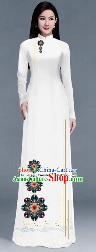 Asian Traditional Vietnam Ao Dai Costume Vietnamese Bride White Cheongsam for Women