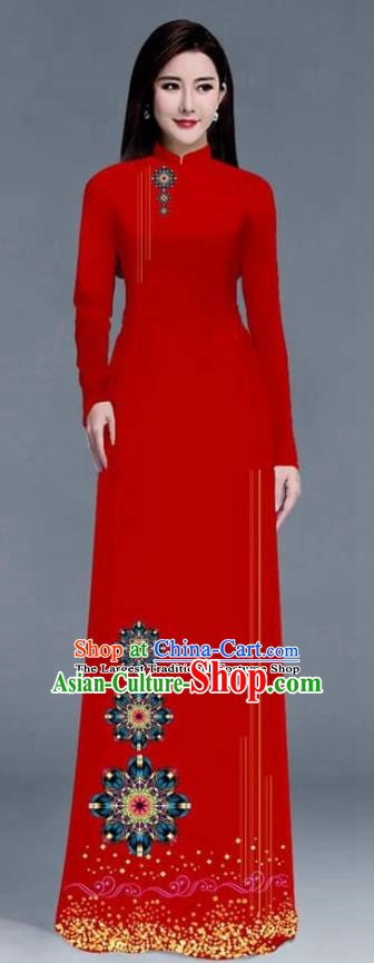 Asian Traditional Vietnam Ao Dai Costume Vietnamese Bride Red Cheongsam for Women