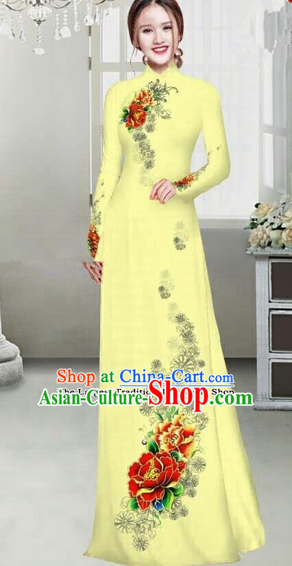 Asian Traditional Vietnam Female Ao Dai Costume Vietnamese Bride Printing Peony Yellow Cheongsam for Women