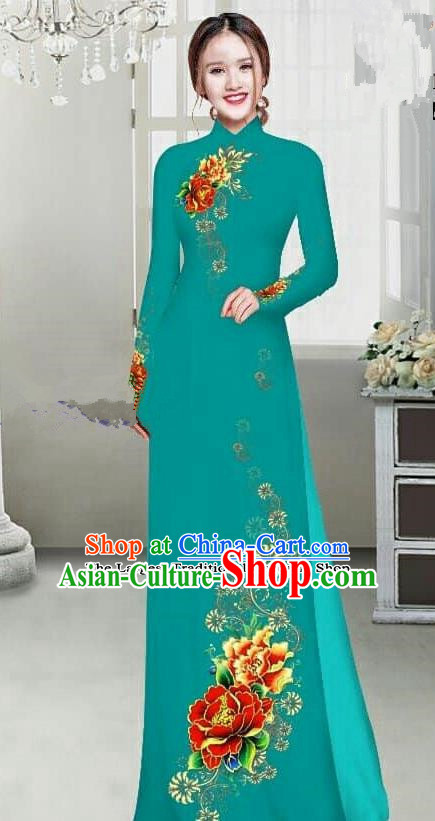 Asian Traditional Vietnam Female Ao Dai Costume Vietnamese Bride Printing Peony Green Cheongsam for Women