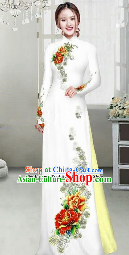 Asian Traditional Vietnam Female Ao Dai Costume Vietnamese Bride Printing Peony White Cheongsam for Women