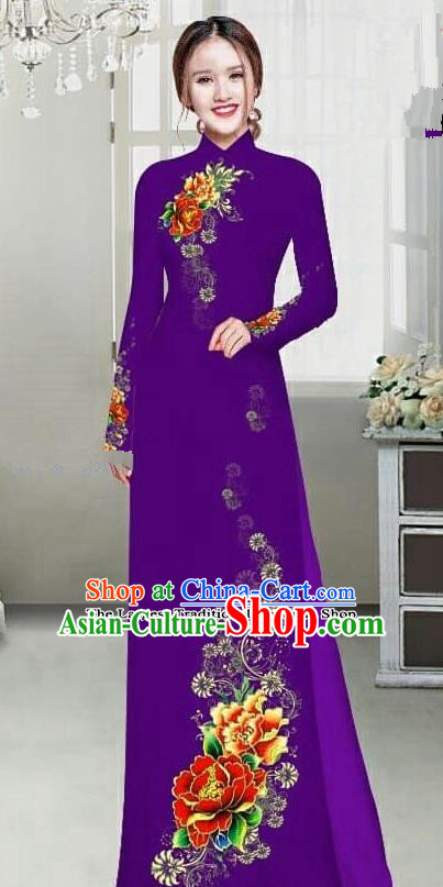 Asian Traditional Vietnam Female Ao Dai Costume Vietnamese Bride Printing Peony Deep Purple Cheongsam for Women
