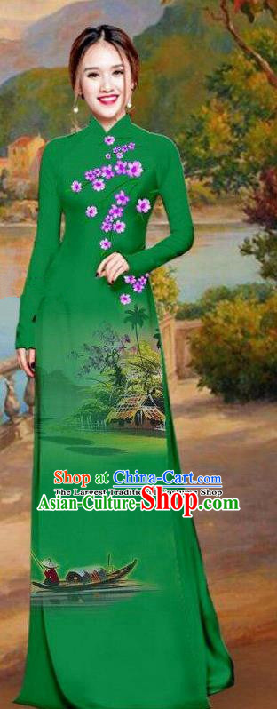 Asian Traditional Vietnam Bride Costume Vietnamese Printing Green Ao Dai Cheongsam for Women