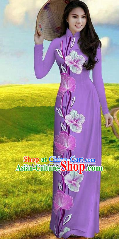 Vietnam Traditional Bride Costume Purple Qipao Dress Vietnamese Printing Morning Glory Ao Dai Cheongsam for Women