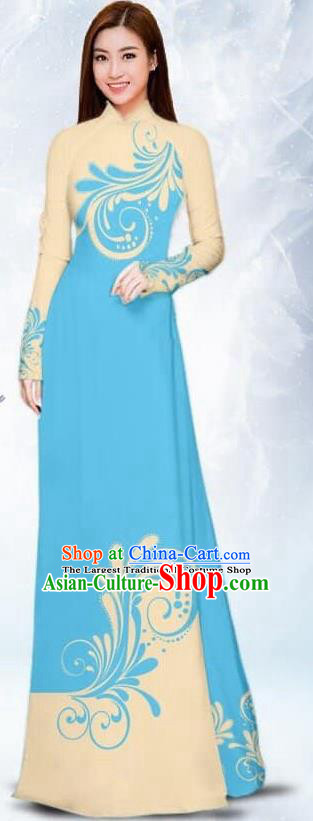 Asian Traditional Vietnam Female Costume Vietnamese Bride Light Blue Ao Dai Cheongsam for Women