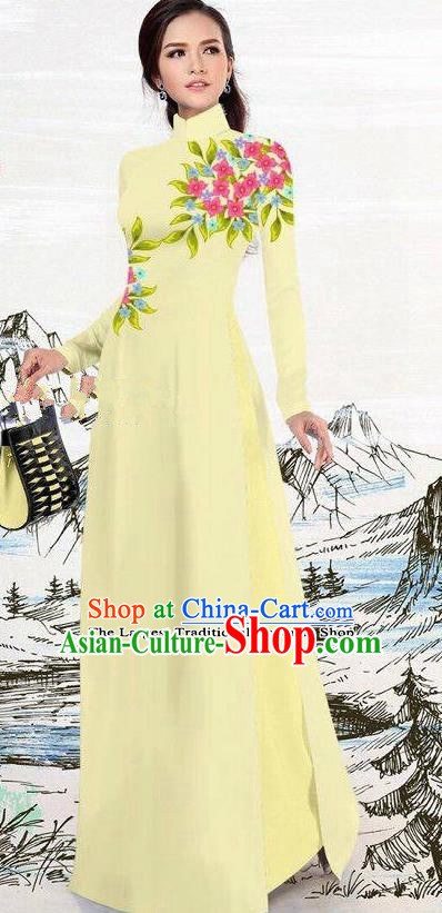 Asian Traditional Vietnam Female Costume Vietnamese Light Yellow Ao Dai Cheongsam for Women