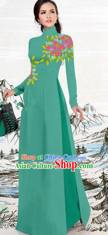 Asian Traditional Vietnam Female Costume Vietnamese Green Ao Dai Cheongsam for Women