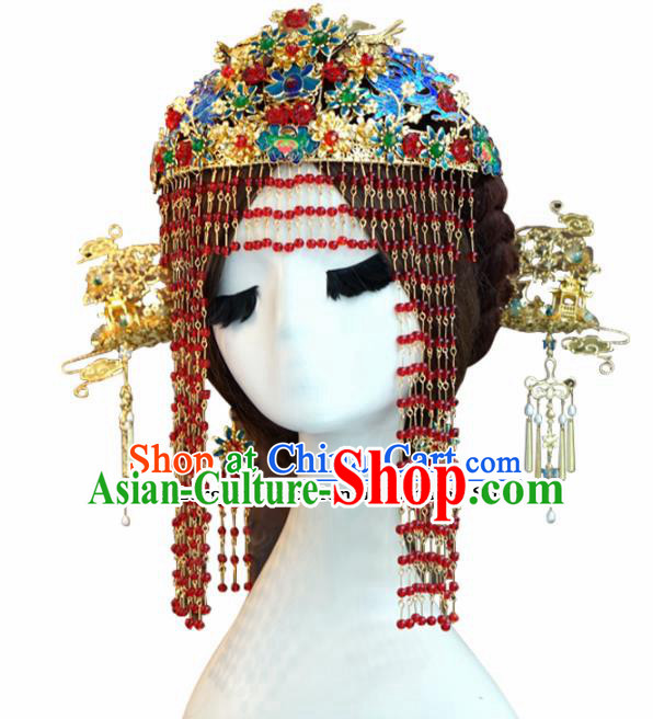 Chinese Ancient Wedding Queen Luxurious Blueing Lotus Phoenix Coronet Hair Jewelry Accessories Hairpins for Women