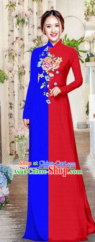 Vietnam Traditional Costume Red and Blue Ao Dai Qipao Dress Vietnamese Cheongsam for Women