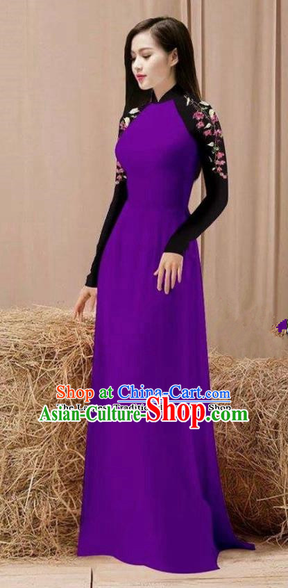 Vietnam Traditional Costume Purple Ao Dai Qipao Dress Vietnamese Cheongsam for Women