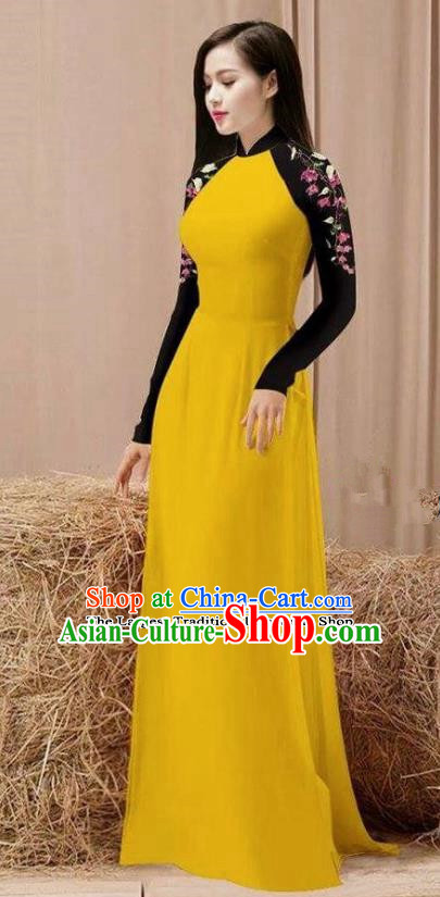 Vietnam Traditional Costume Yellow Ao Dai Qipao Dress Vietnamese Cheongsam for Women
