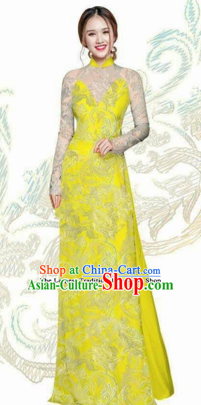 Vietnam Traditional Bride Costume Vietnamese Bright Yellow Ao Dai Qipao Dress Cheongsam for Women