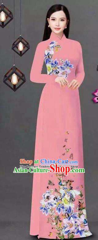 Vietnam Traditional Bride Costume Vietnamese Printing Flowers Pink Ao Dai Qipao Dress Cheongsam for Women