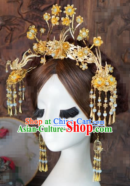 Chinese Ancient Wedding Hair Accessories Golden Phoenix Coronet Palace Queen Hairpins for Women