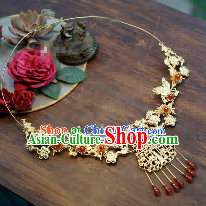 Chinese Traditional Wedding Hanfu Agate Crane Necklace Ancient Bride Palace Jewelry Accessories for Women