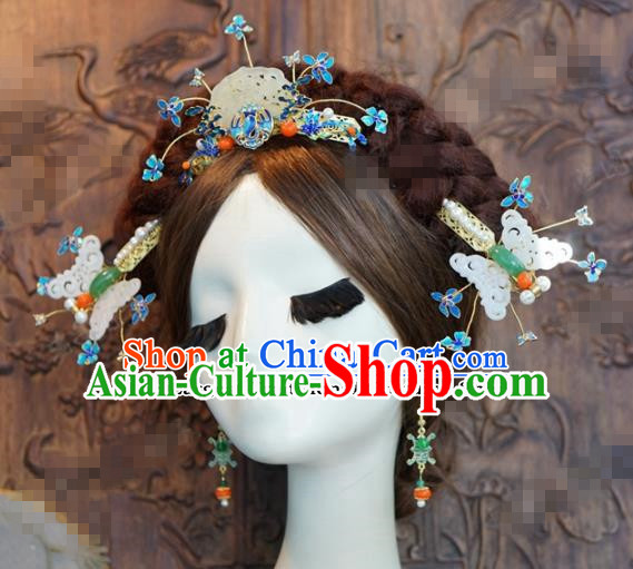 Chinese Ancient Hair Accessories Wedding Bride Jade Butterfly Hair Clips Hairpins Complete Set for Women
