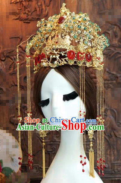 Chinese Ancient Queen Tassel Phoenix Coronet Wedding Bride Hairpins Headdress for Women
