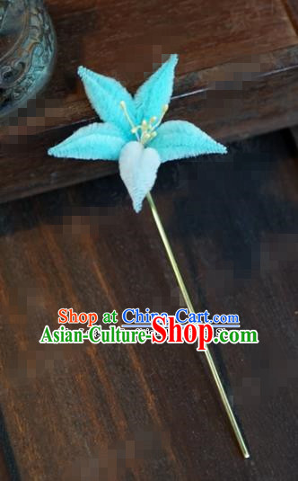 Chinese Ancient Queen Hair Clip Wedding Bride Headdress Light Blue Velvet Flower Hairpins for Women