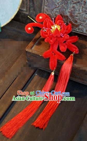 Chinese Ancient Queen Tassel Hair Clip Wedding Bride Headdress Red Velvet Flower Hairpins for Women