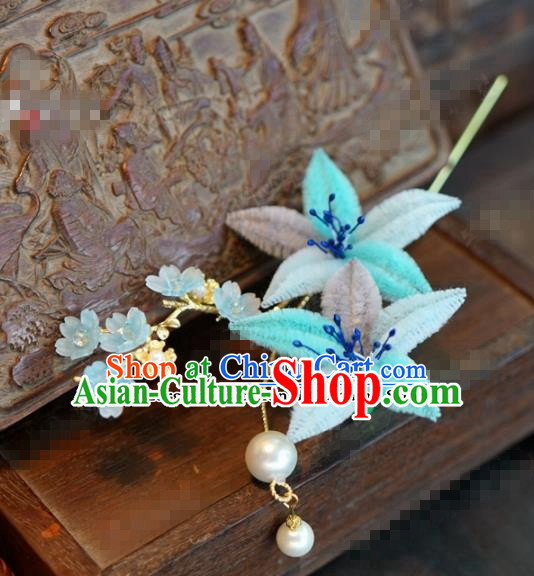 Chinese Ancient Queen Blue Velvet Flowers Hair Clip Wedding Bride Headdress Hairpins for Women