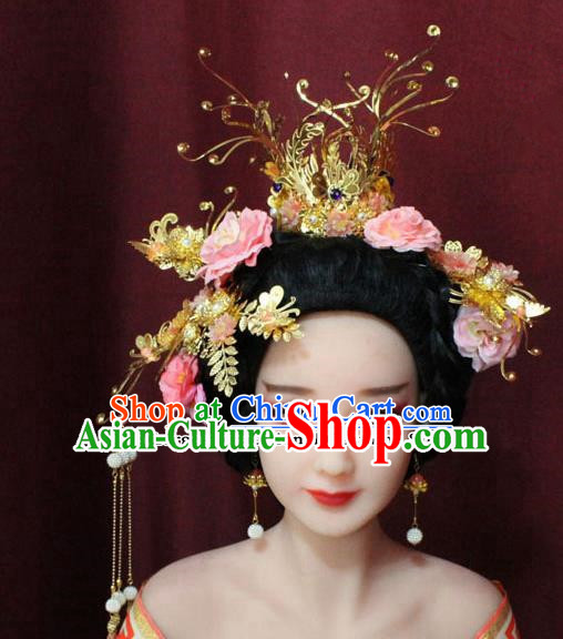 Chinese Ancient Tang Dynasty Wedding Hair Accessories Phoenix Coronet Hairpins Complete Set for Women