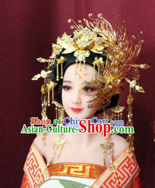 Chinese Ancient Tang Dynasty Hair Accessories Queen Mask Phoenix Coronet Hairpins Complete Set for Women
