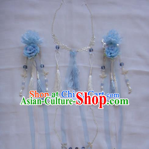 Chinese Traditional Classical Hair Accessories Ancient Princess Blue Flowers Hairpins for Women