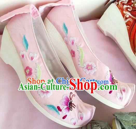 Chinese Traditional Hanfu Pink Shoes Embroidered Shoes Handmade Cloth Shoes for Women