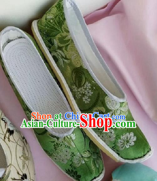 Chinese Traditional Hanfu Shoes Embroidered Shoes Handmade Green Satin Shoes for Women