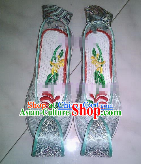 Chinese Traditional Hanfu Shoes Ancient Princess Green Satin Embroidered Shoes Handmade Shoes for Women