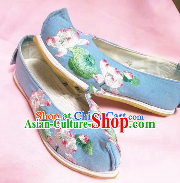 Chinese Traditional Hanfu Shoes Embroidered Lotus Shoes Handmade Blue Cloth Shoes for Women
