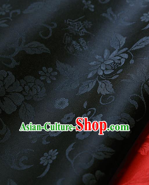 Traditional Asian Classical Flowers Pattern Cloth Drapery Black Brocade Korean Hanbok Palace Satin Silk Fabric