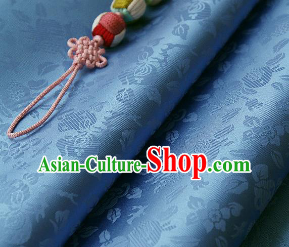 Traditional Asian Classical Pattern Blue Brocade Cloth Drapery Korean Hanbok Palace Satin Silk Fabric