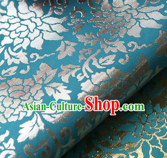 Traditional Asian Classical Gilding Pattern Blue Brocade Cloth Drapery Korean Hanbok Palace Satin Silk Fabric