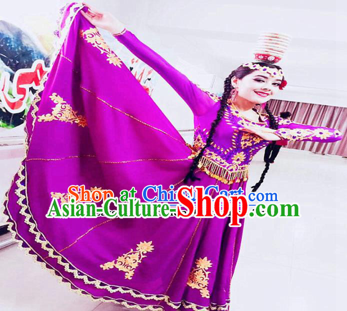 Chinese Ethnic Costumes Folk Dance Purple Dress Traditional National Uyghur Nationality Clothing for Women