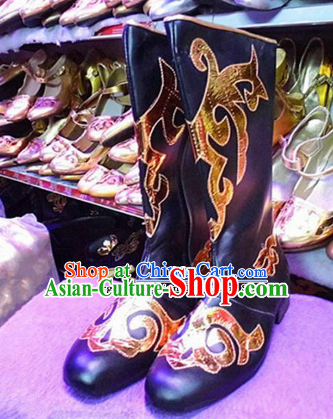 Chinese Ethnic Folk Dance Shoes Traditional National Uyghur Nationality Black Boots for Men