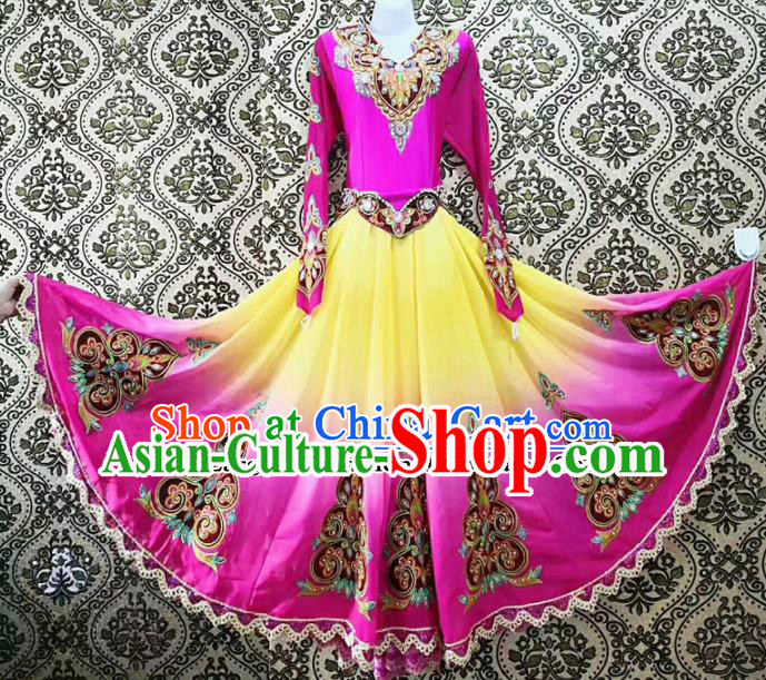 Chinese Ethnic Folk Dance Rosy Dress Traditional National Uyghur Nationality Costumes for Women