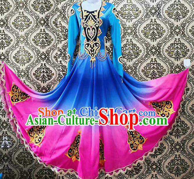 Chinese Ethnic Folk Dance Blue Dress Traditional National Uyghur Nationality Costumes for Women